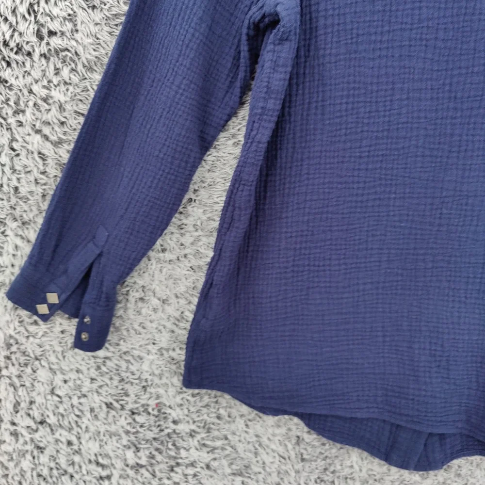 Soft Surroundings Women Coastal Gauze Preppy Airy Button Up Shirt M Navy Top - Picture 9 of 16